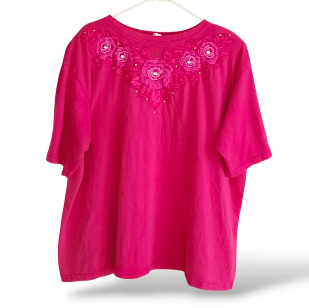 Bobbie Brooks Pink Embroidered Short Sleeve Tee Vintage Shoulder Pads Floral 3x